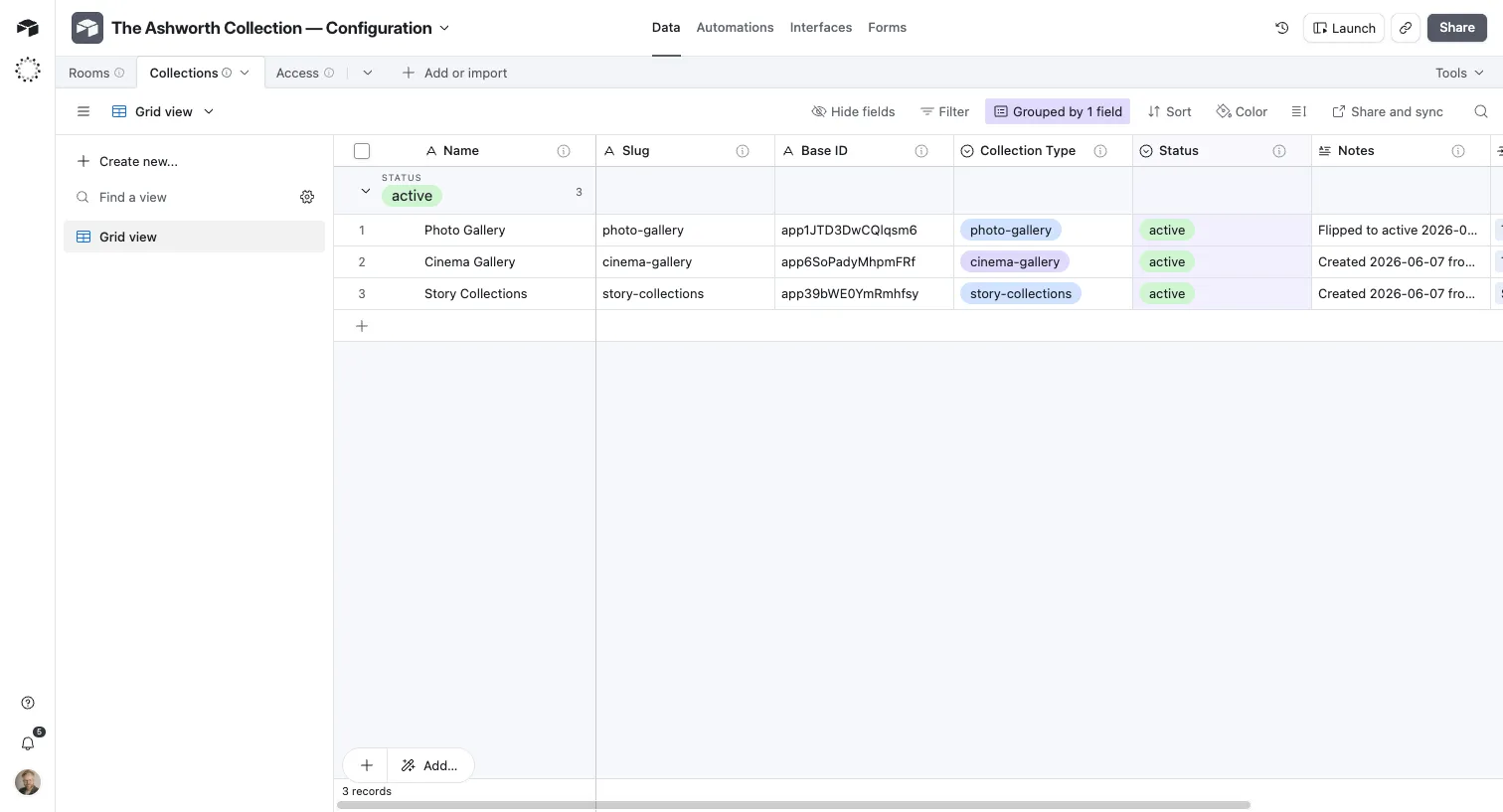 The config base’s Collections table (Ashworth demo) — the registry of a family’s gallery bases, each with a Base ID, Collection Type, and Status. Only active collections are served.