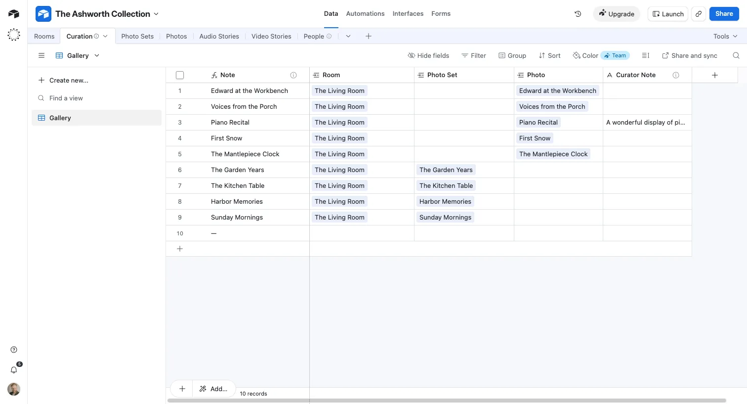 The Airtable Curation table (Ashworth demo). Each row is a placement; the Curator Note column is the optional wall-card text — here, “A wonderful display of piano play” on the Piano Recital placement, with the rest left blank.