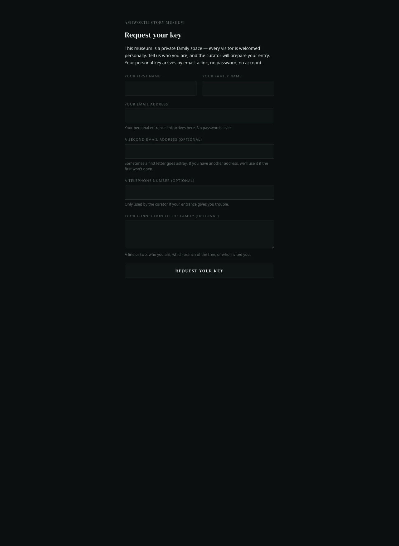 The request page: first and family name, email address, an optional second address and phone number, and a line about the connection to the family.