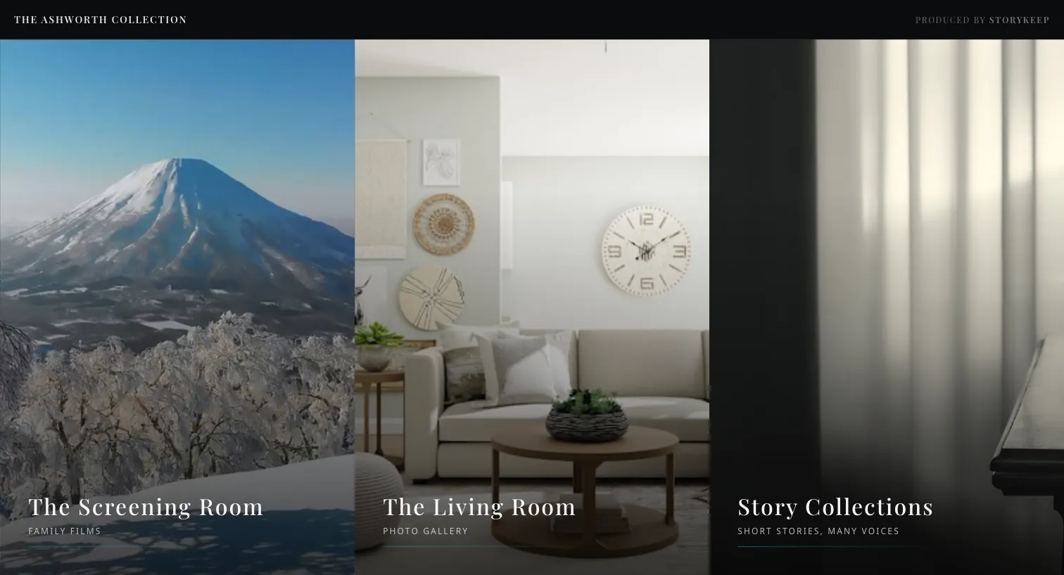 The Ashworth demo’s rooms overview — a Screening Room (films), a photo gallery, and Story Collections, each a different type.