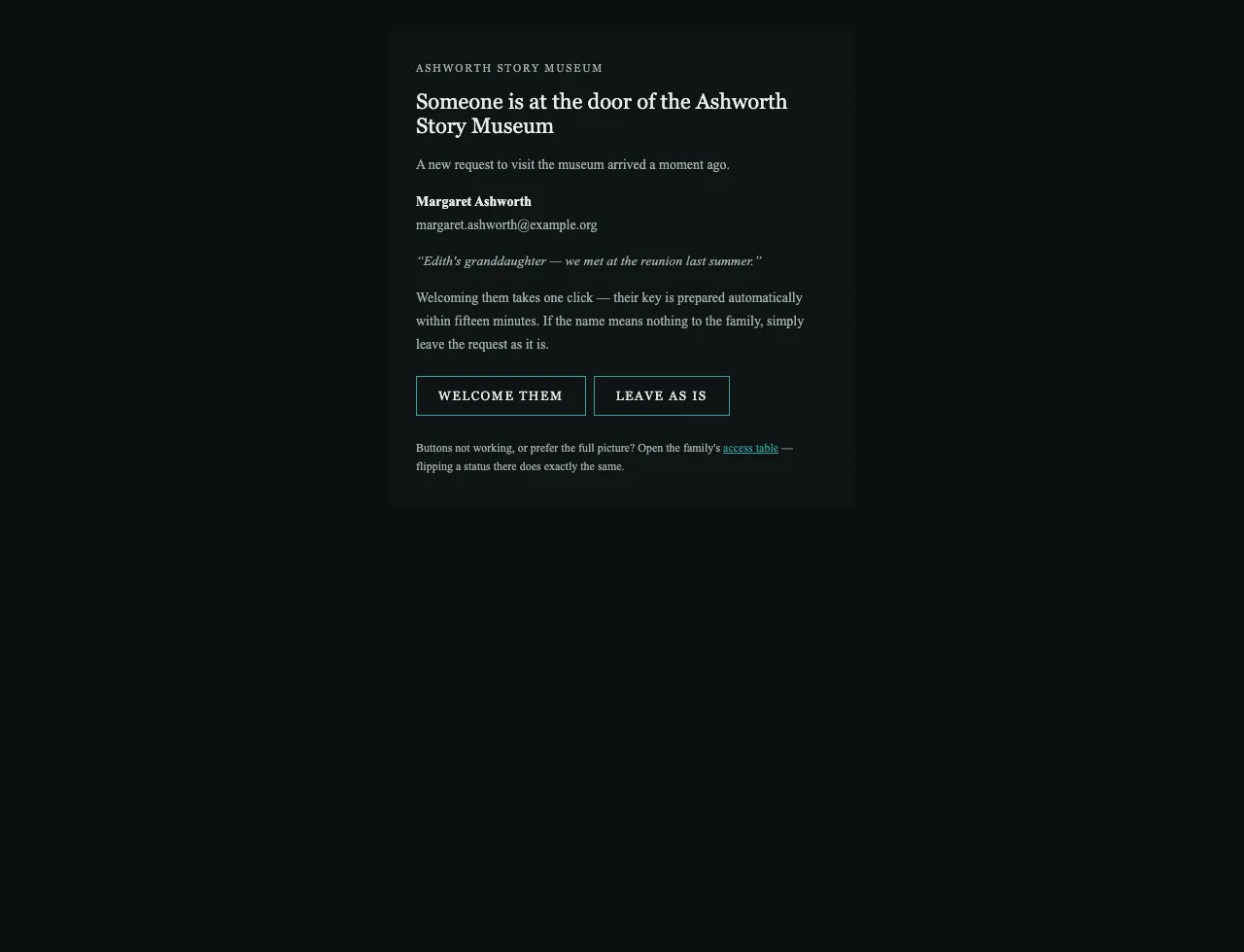The notification mail: the applicant’s name, email and message, with two buttons — Welcome them, and Leave as is.