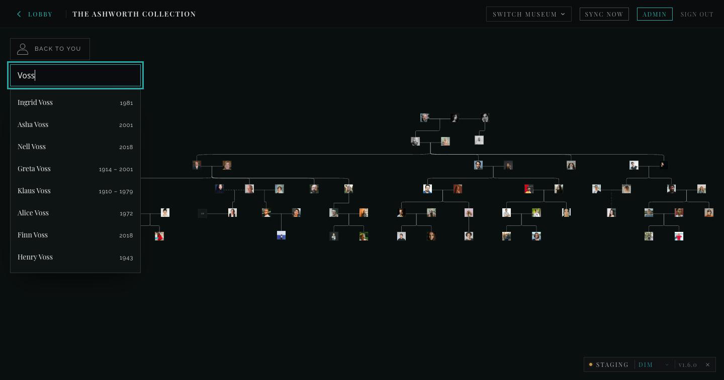 Typing “Voss” in Find someone lists eight people with their years.