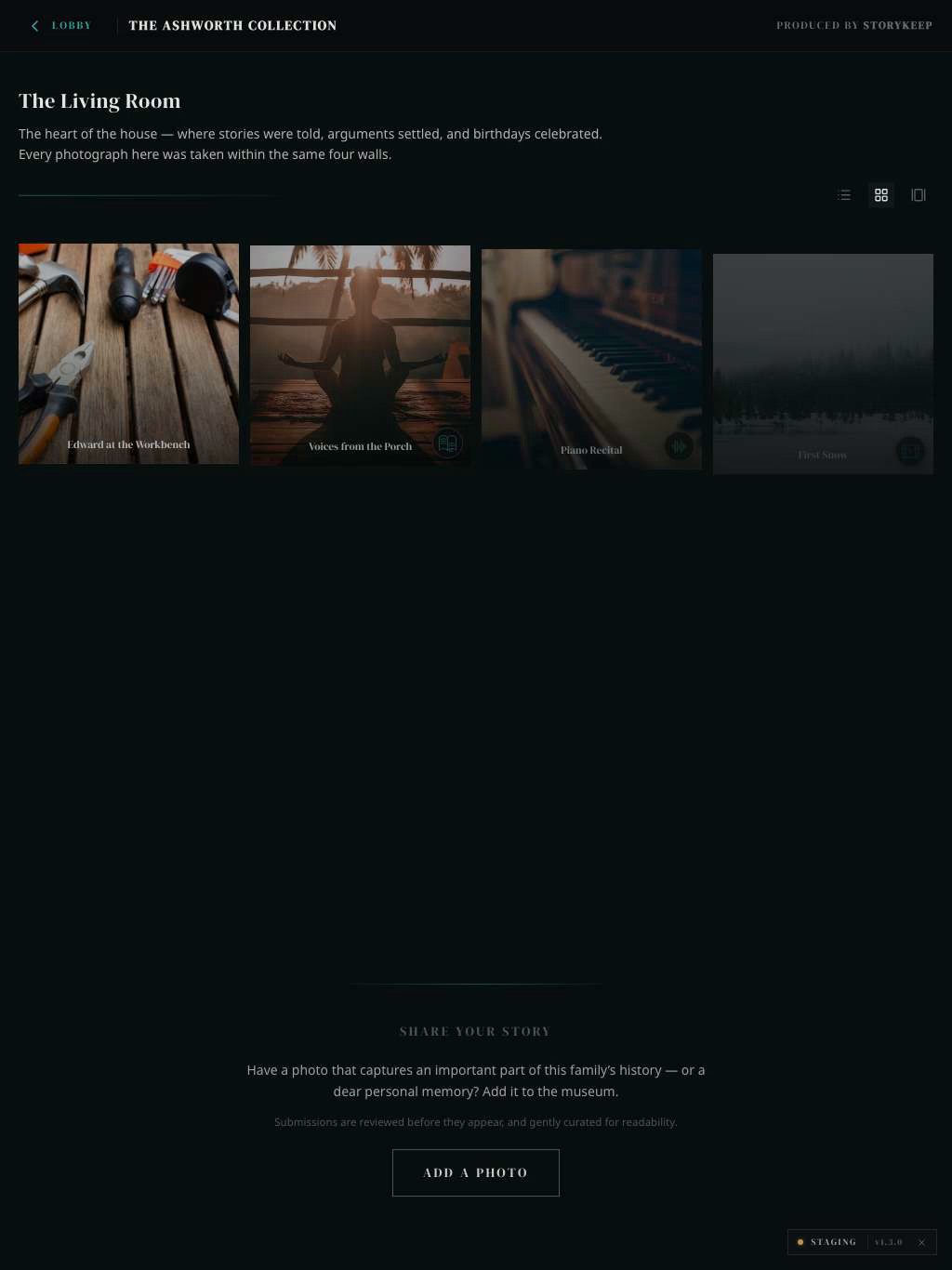 The Living Room on a tablet, with the Share Your Story submission block