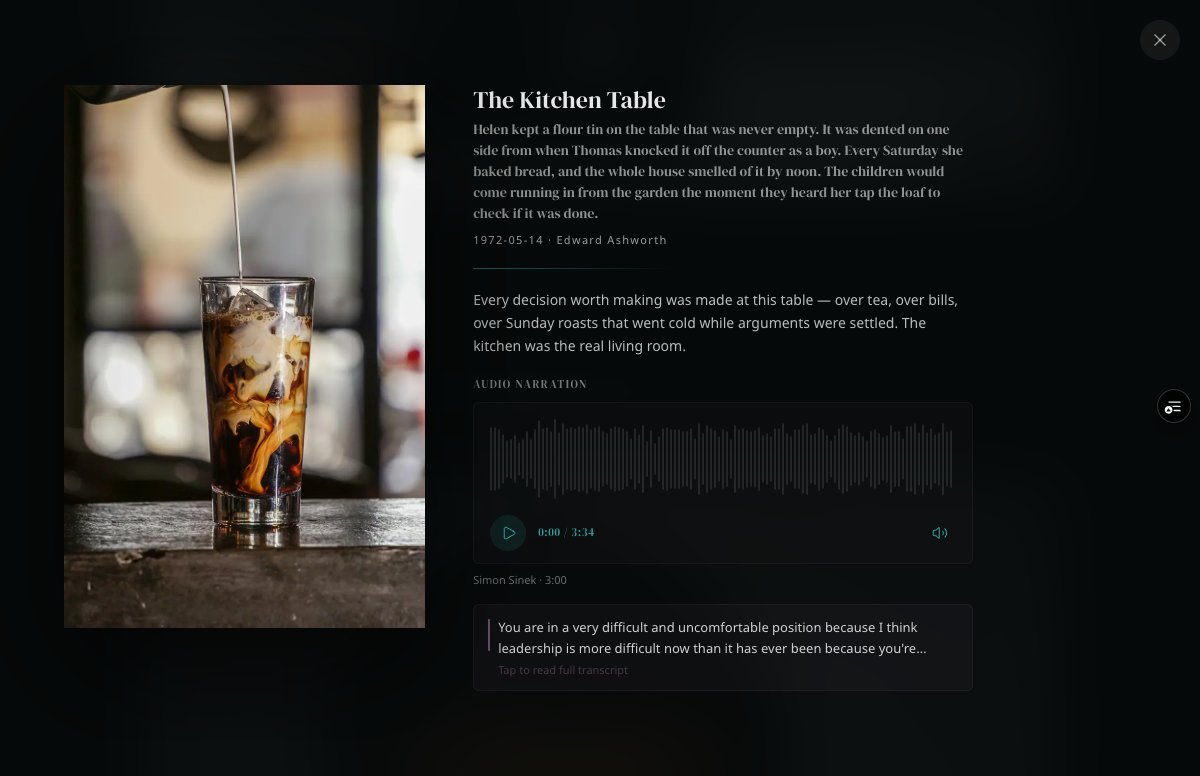 Photo set with audio — waveform player + transcript